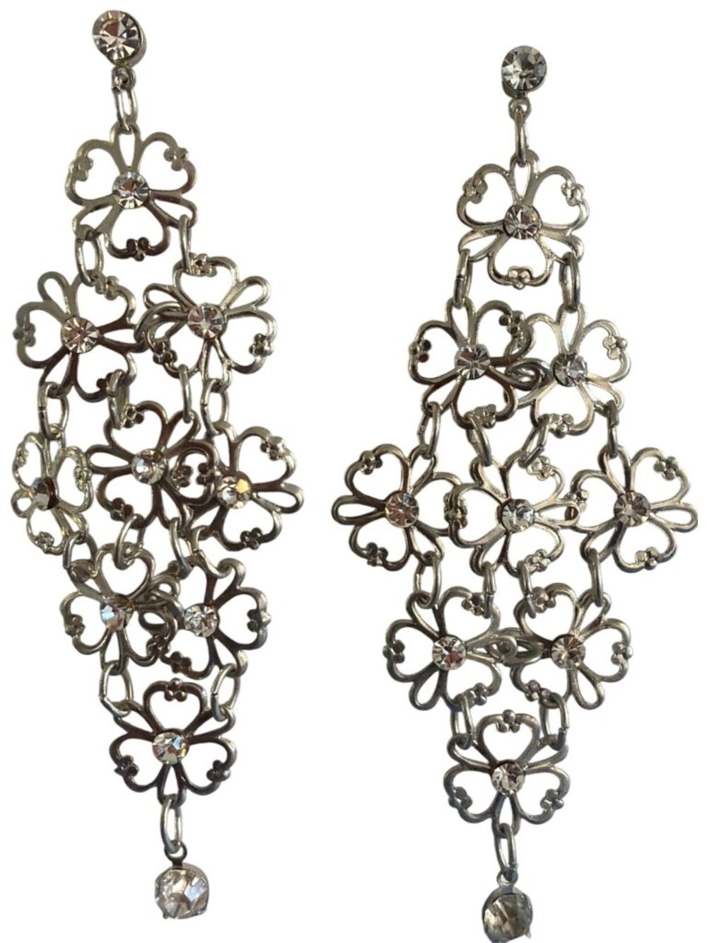 Silver Tone Floral Chandelier Earrings Dangle Clear Rhinestones Articulated 3"